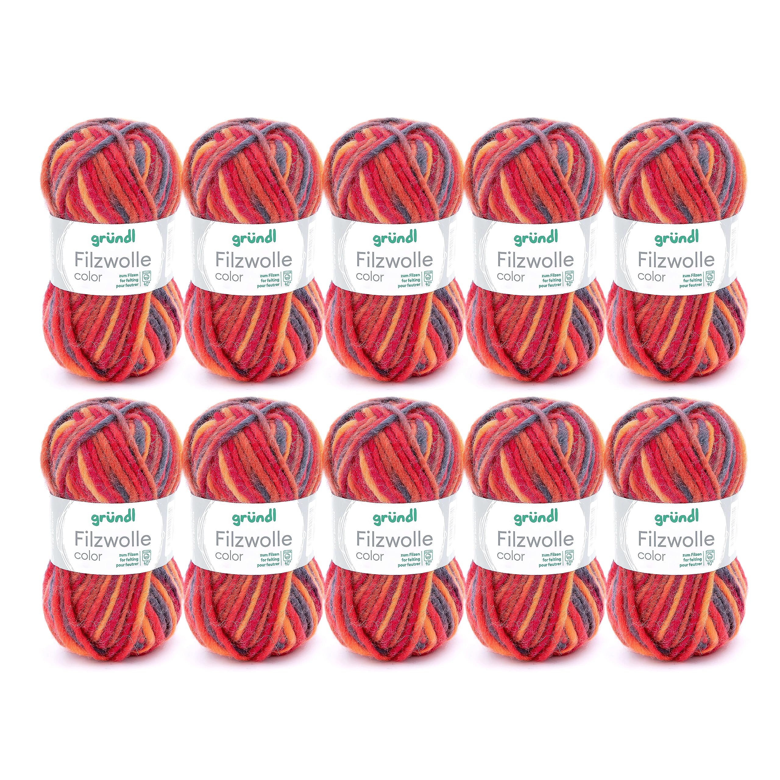 Title: Gründl Felt Wool Colour (Oeko-Tex Certified, 100% Virgin Wool for Felting, 50 g / 50 m, Needle Size: 8-9, 10 Balls of 50 g), Red/Orange/Black, Multicoloured
