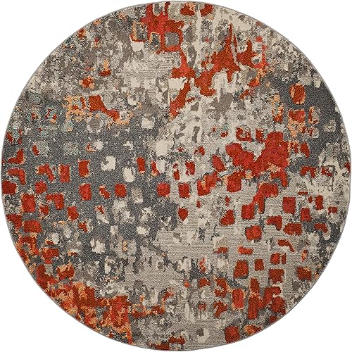 Safavieh Monaco Collection MNC225H Boho Chic Abstract Watercolor Non-Shedding Dining Room Entryway Foyer Living Room Bedroom Area Rug, 5' x 5' Round, Grey / Orange