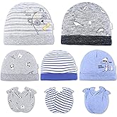 DOKMA Organic Cotton Baby Mittens and Caps Set - Mittens for Newborn 0-6 Months - Ultra Soft, No Scratch - 5 Caps x 3 Mittens