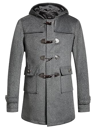 SSLR Herren Dufflecoat Wollmantel Winterjacke Mit Kapuze Holzknöpfen