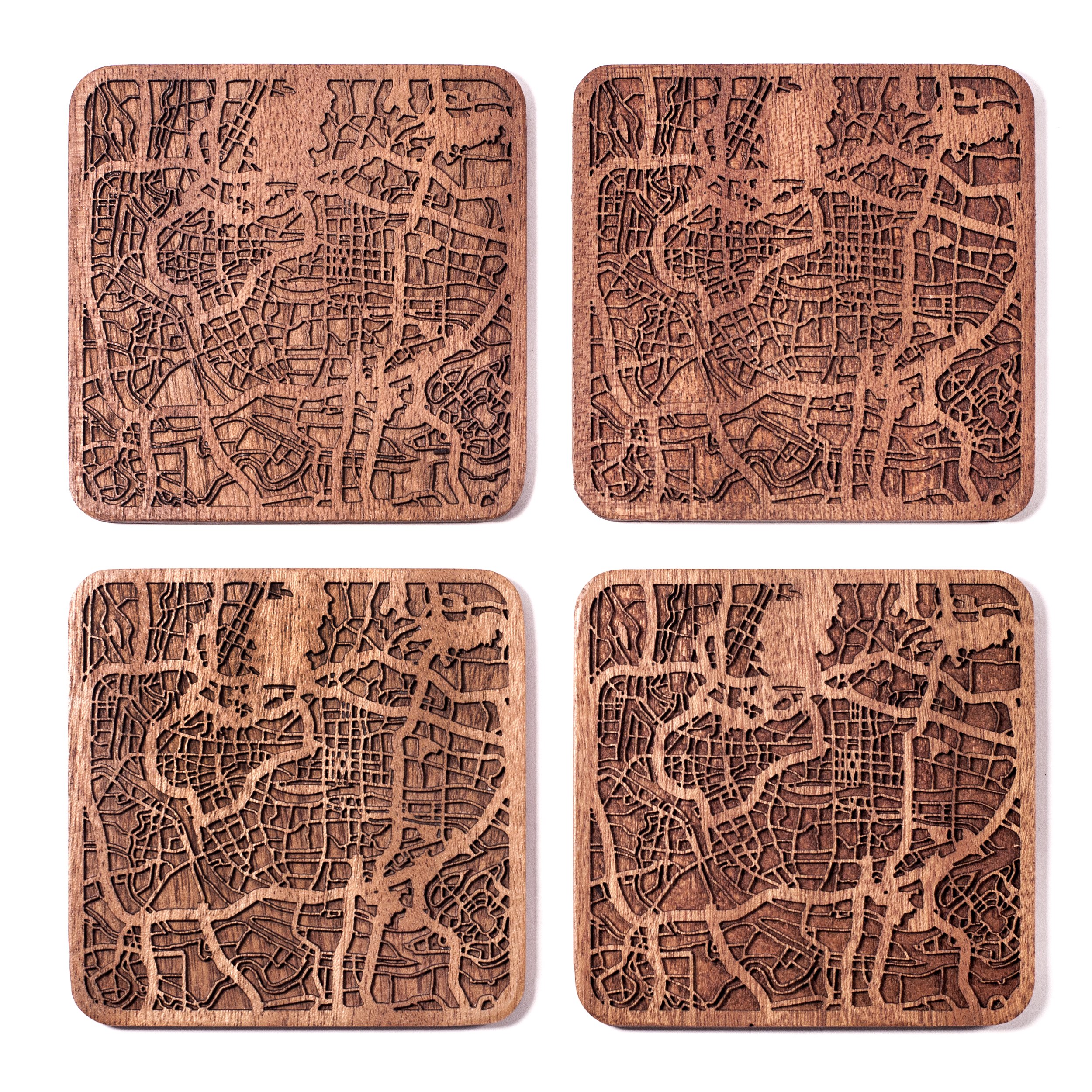 Guangzhou Map Coaster, Set of 4, Sapele Wooden Coaster with City Map, Handmade