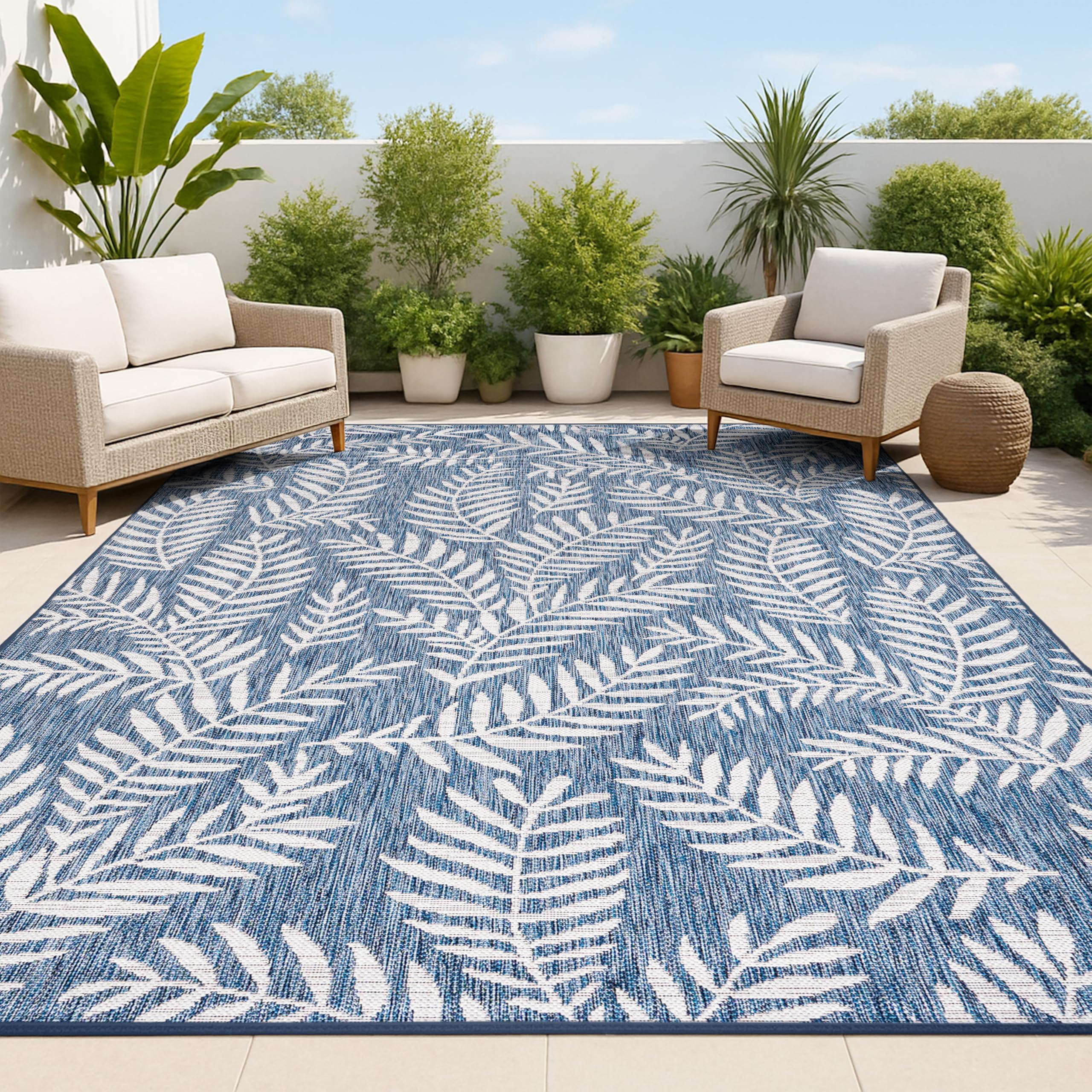 JONATHAN Y Palm Frond Indoor Outdoor Area Rug 10X14 Navy/Ivory, Nevis for Backyard, Patio, Porch, Easy-Cleaning, High Traffic, Pet-Friendly, Non-Shedding (SMB119B-14) Image