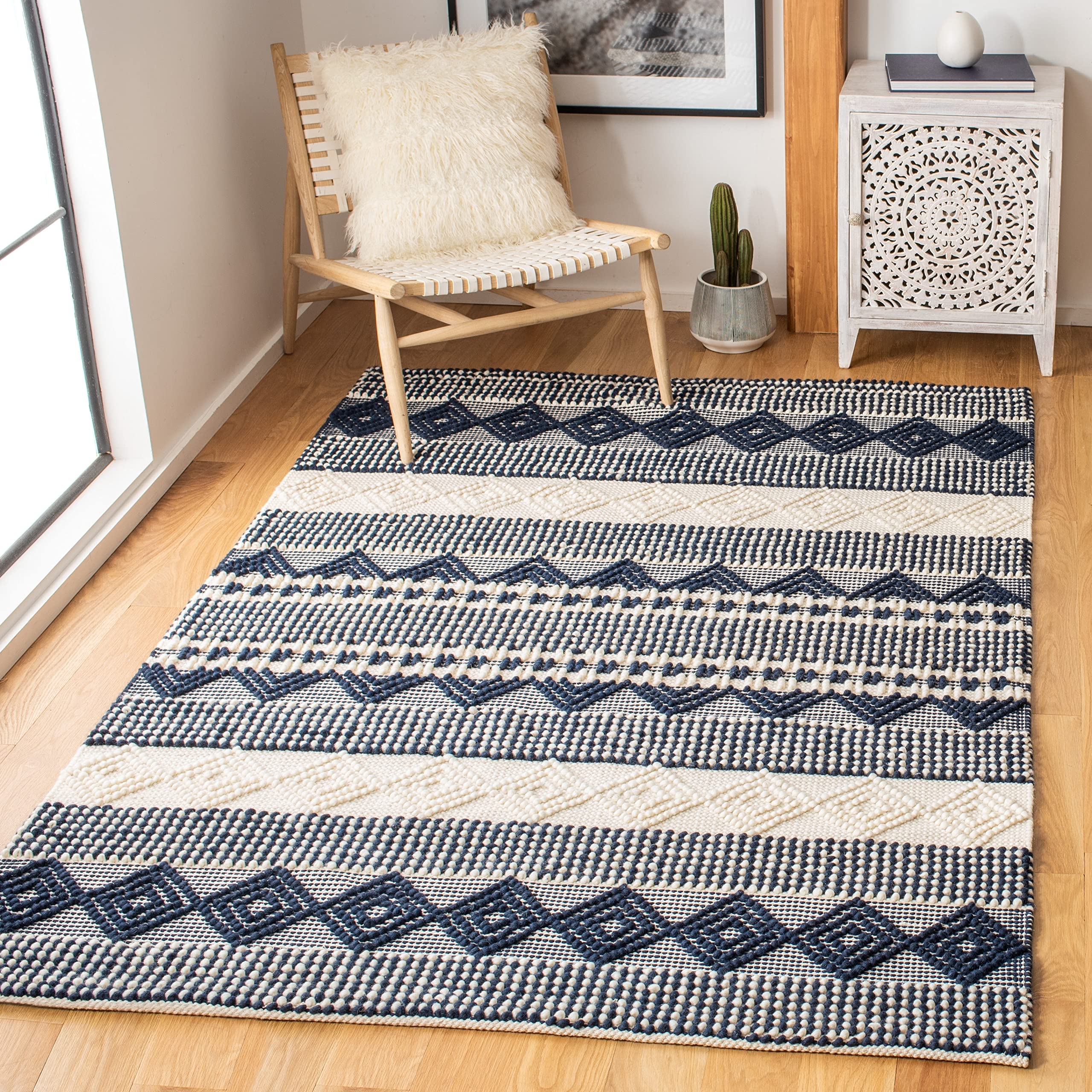 SAFAVIEH Natura Collection Area Rug - 6' Square, Navy & Ivory, Handmade Moroccan Boho Tribal Wool & Cotton, Ideal for High Traffic Areas in Living Room, Bedroom (NAT102N) Image SAFAVIEH Natura Collection Area Rug - 6' Square, Navy & Ivory, Handmade Moroccan Boho Tribal Wool & Cotton, Ideal for High Traffic Areas in Living Room, Bedroom (NAT102N) Image