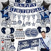 Birthday Decorations Men Blue - (Total 89pcs) blue party Banner, Pennant, Hanging Swirl, Foil Backdrops, balloons, Tablecloths, cupcake Topper, plates, Photo Props, birthday Sash for women boy