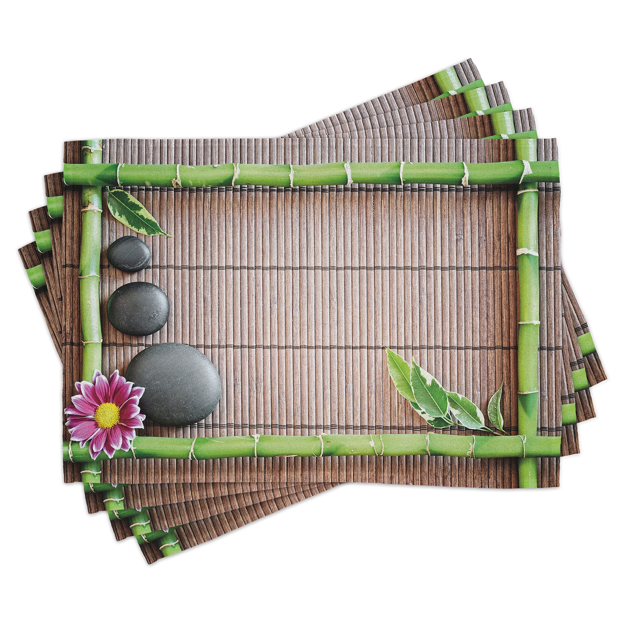 ABAKUHAUS Tropical Place Mats Set of 4, Photography of Floral Ornamented Leafy Tree Branches with Chill Vibes Stones Print, Washable Fabric Placemats for Dining Table, Standard Size, Sepia