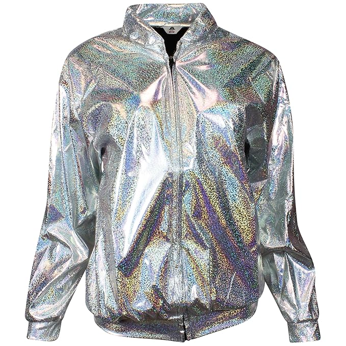 MHIM Silver Glitter Foil Jacket Holographic Festival Wear L Amazon.co
