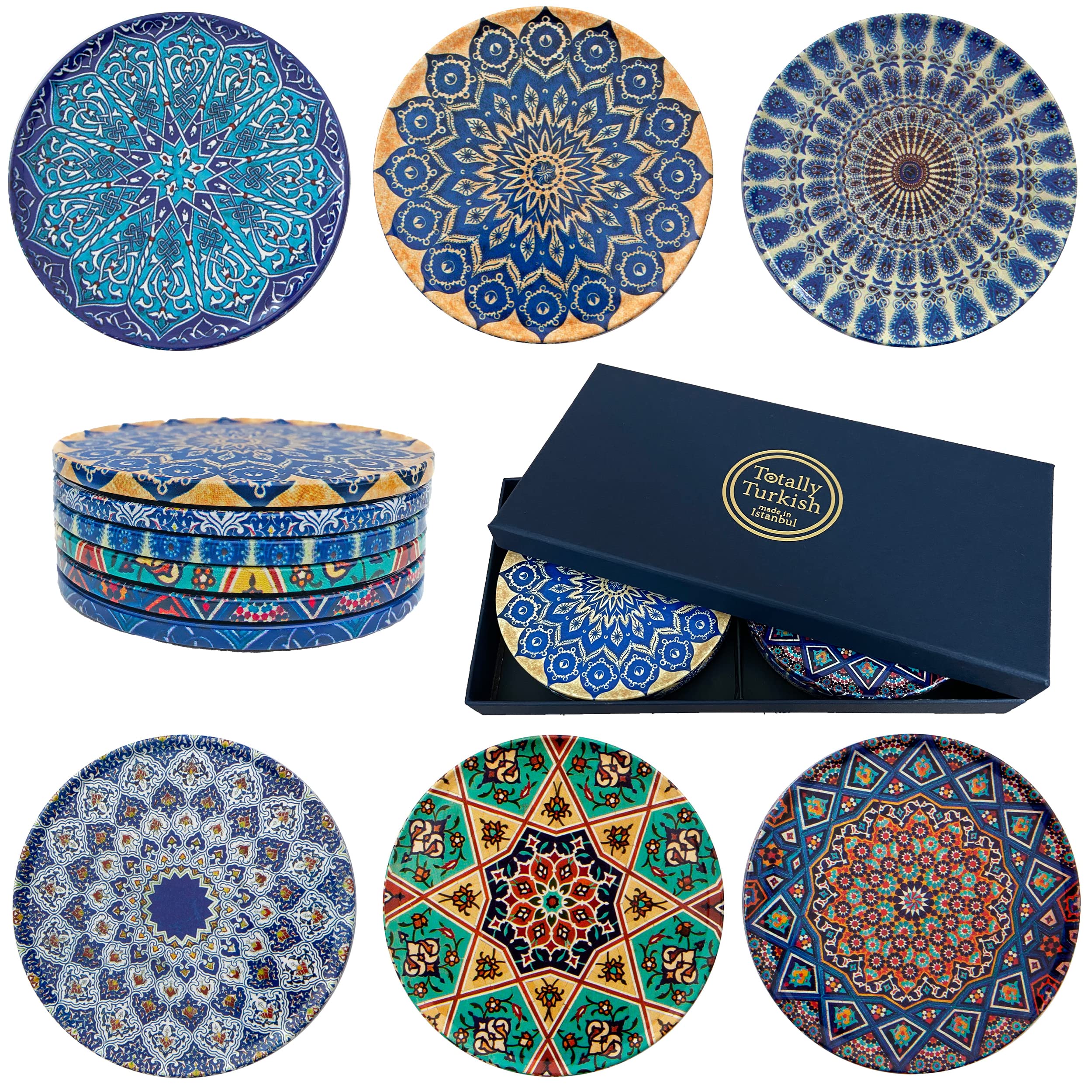 Totally Turkish – Patterned Drink Coasters Set of 6 – Giftable Design Drinks Mat Set – Non-Scratch Top & Non-Slip Cork Base (Mediterranean)