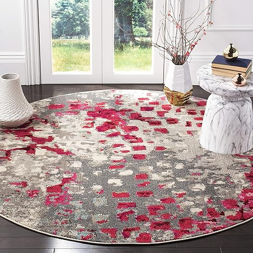 Safavieh Monaco Collection MNC225R Boho Chic Abstract Watercolor Non-Shedding Stain Resistant Living Room Bedroom Area Rug, 6'7" x 6'7" Round, Grey / Fuchsia