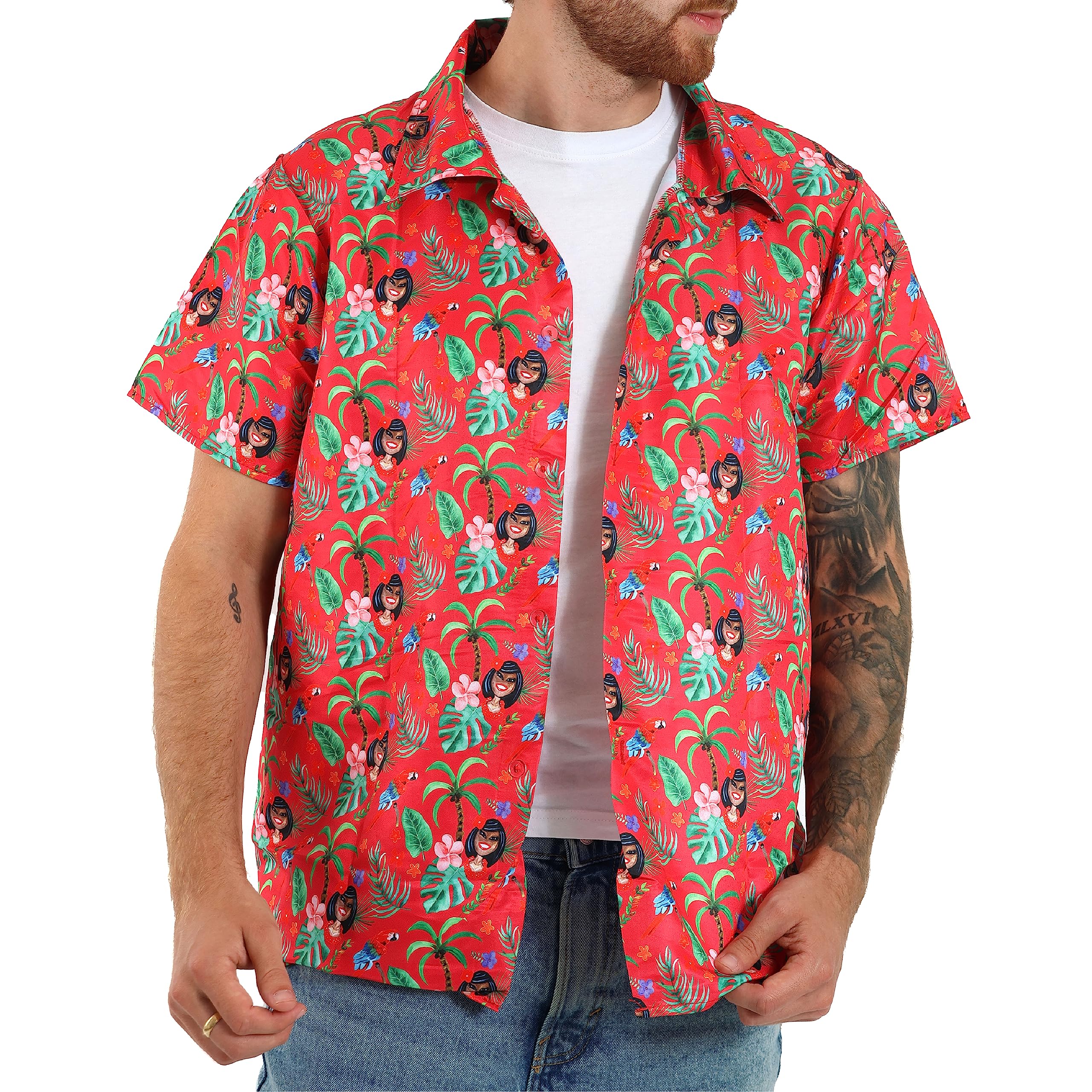 Mens Hawaiian Shirt Red - Small - Red Hawaii Tropical Short Sleeve Shirt - Fancy Dress - Summer Beach Party Wear