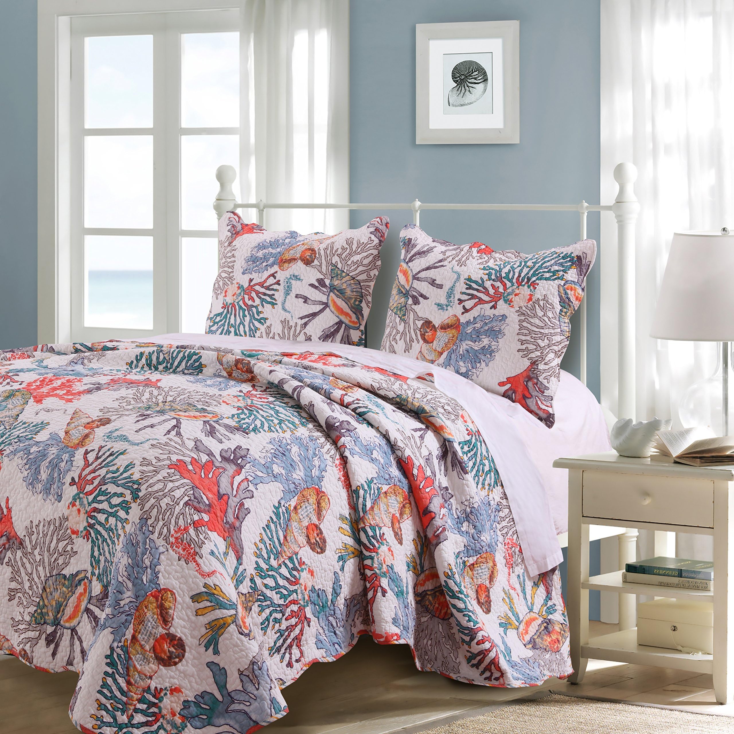 Barefoot Bungalow Atlantis Jade Quilt Set, 3-Piece Full/Queen, Coral