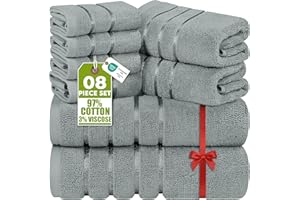 Utopia Towels 8 Piece Luxury Towel Set, 2 Bath, 2 Hand, and 4 Wash Cloths, 600 GSM Ring Spun Cotton, Highly Absorbent Viscose Stripe Towels, Ideal for Everyday use, Cool Grey