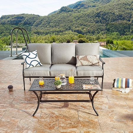 Amazon Com Lokatse Home 3 Seat Metal Patio Loveseat Bench Outdoor Furniture Bistro Set With Coffee Table For Lawn Front Porch Garden Yard Or Poolside Grey Garden Outdoor