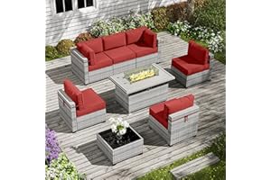 Kimunuk 8-Piece Patio Furniture Set with Fire Pit Table, with 5" High-Resiliency Seat Cushions Light Grey Outdoor Modular Wicker Conversation Set, with 43in 55,000 Btu Propane Gas Fire Pit Table,Red