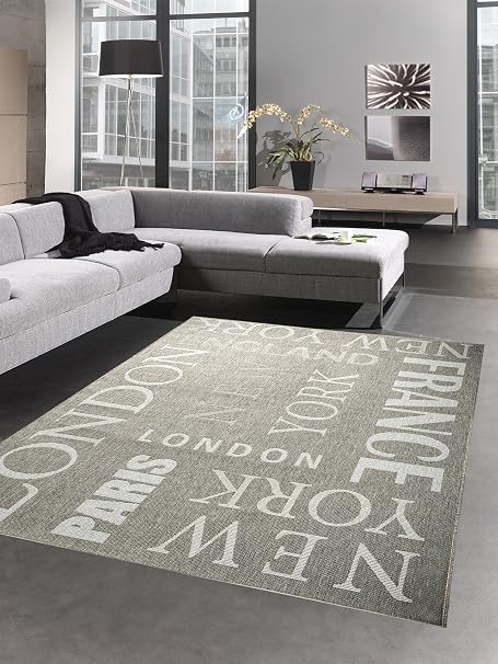 Carpetia Tapis Sisal Optiques Cuisine Tapis City New York Paris London Gris Blanc Größe 80x200 Cm