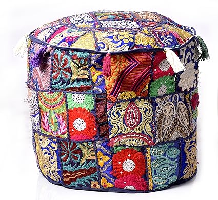 Handicraft-Palace Embroidered Round Pouffe Decorative Cotton Pillow Cover (18x12-inch, Blue)