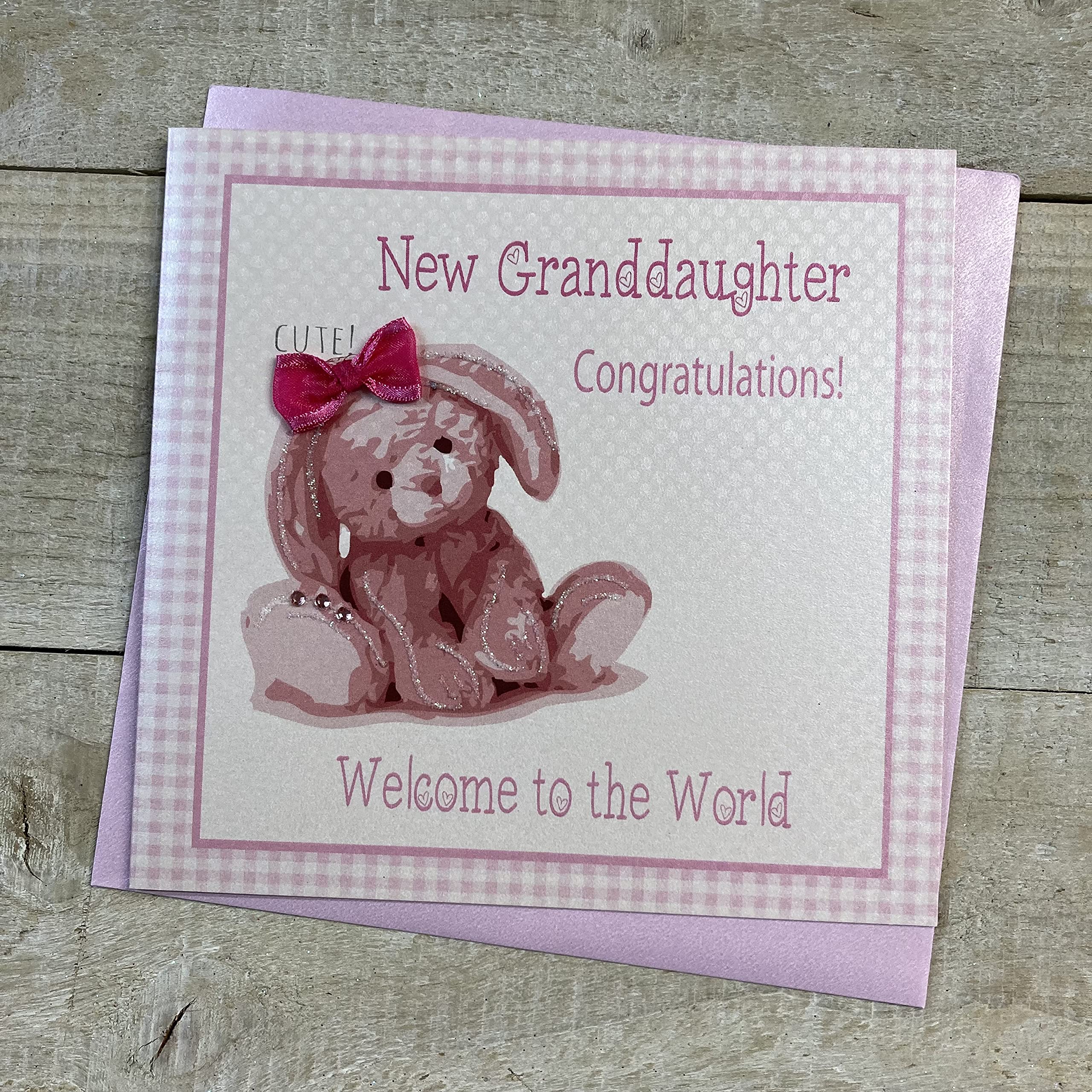 WHITE COTTON CARDS Granddaughter Congratulations Welcome to The World, Handmade New Baby Card, Pink Bunny