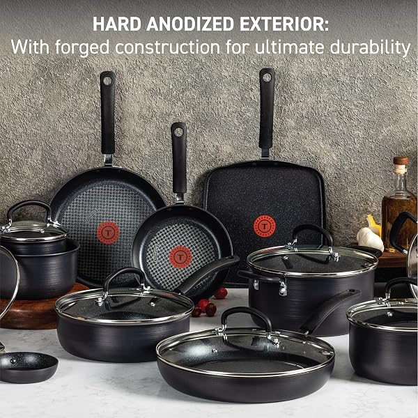 T-FAL ULTIMATE HARD ANODIZED NONSTICK POTS AND PANS SET 14 PIECE, OVEN BROILER SAFE 400F, KITCHEN COOKING SET W/FRY PANS, SAUCEPANS, GRIDDLE, DUTCH OVEN, DISHWASHER SAFE, COOKWARE, BLACK
