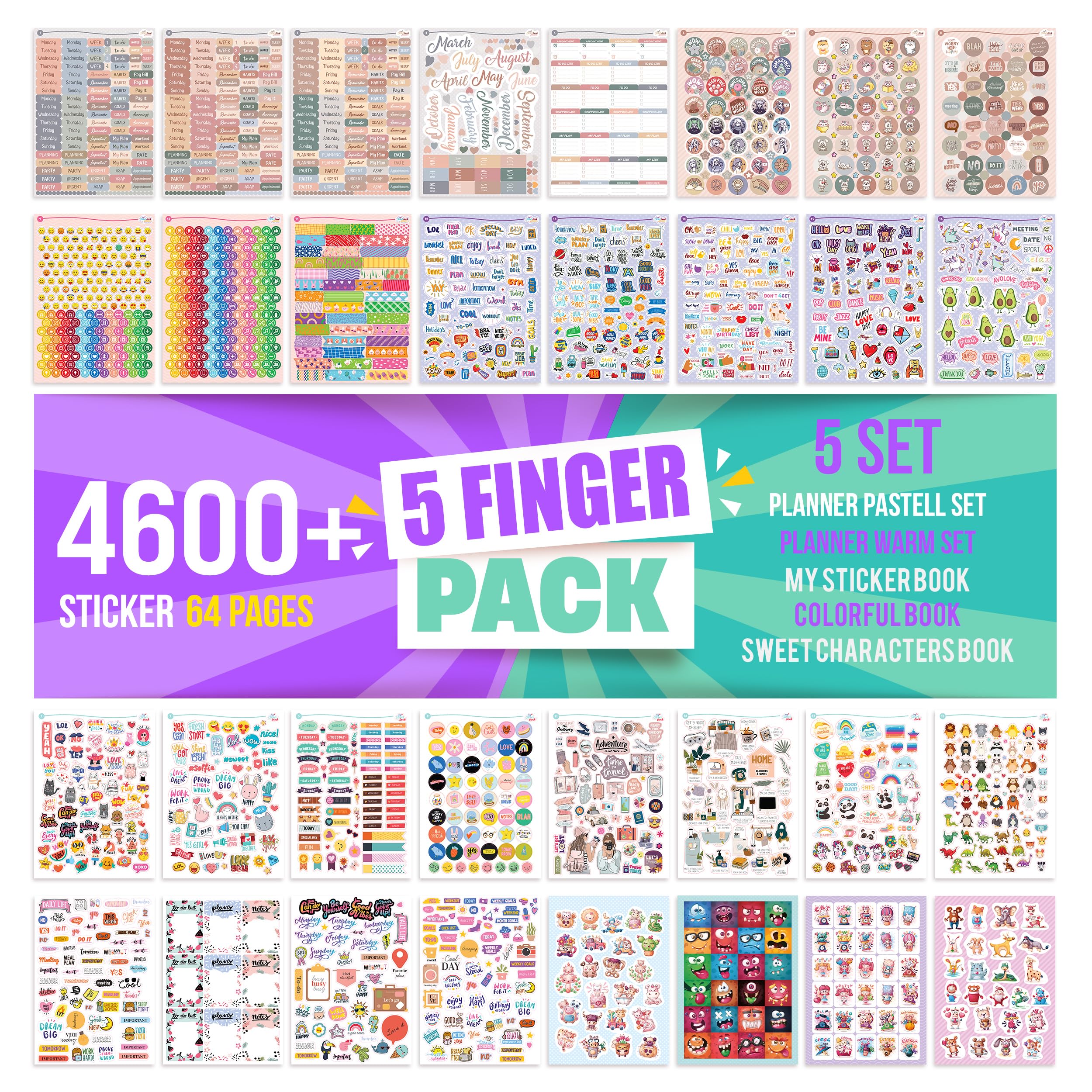 colortouch Planner Stickers Set - 4600+ Pcs - 64 Sheets Monthly, Weekly, Daily Sticker Set for Bullet Journal Collection, Calendar, Organizer, Journals, Agenda - Essential Seasonal Budget Accessories