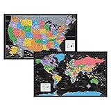 2 Pack - Laminated World & US Map Poster Set - Wall