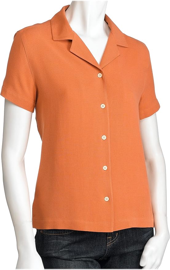 IZOD Womens Washable Silk Camp Shirt Orange Juice Large at Amazon Basic short sleeve shirt sewing pattern camp shirt style