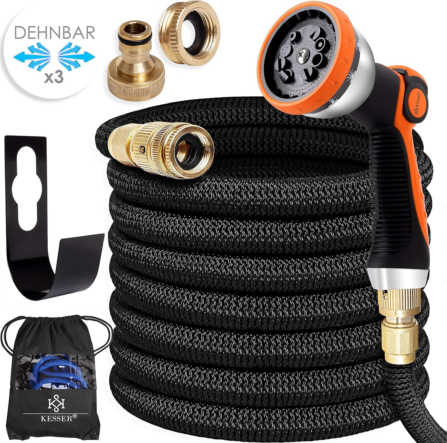 KESSER® Premium Flexibler Gartenschlauch | 15m ausgedehnt |  Wandhalterung | Wasserschlauch ...