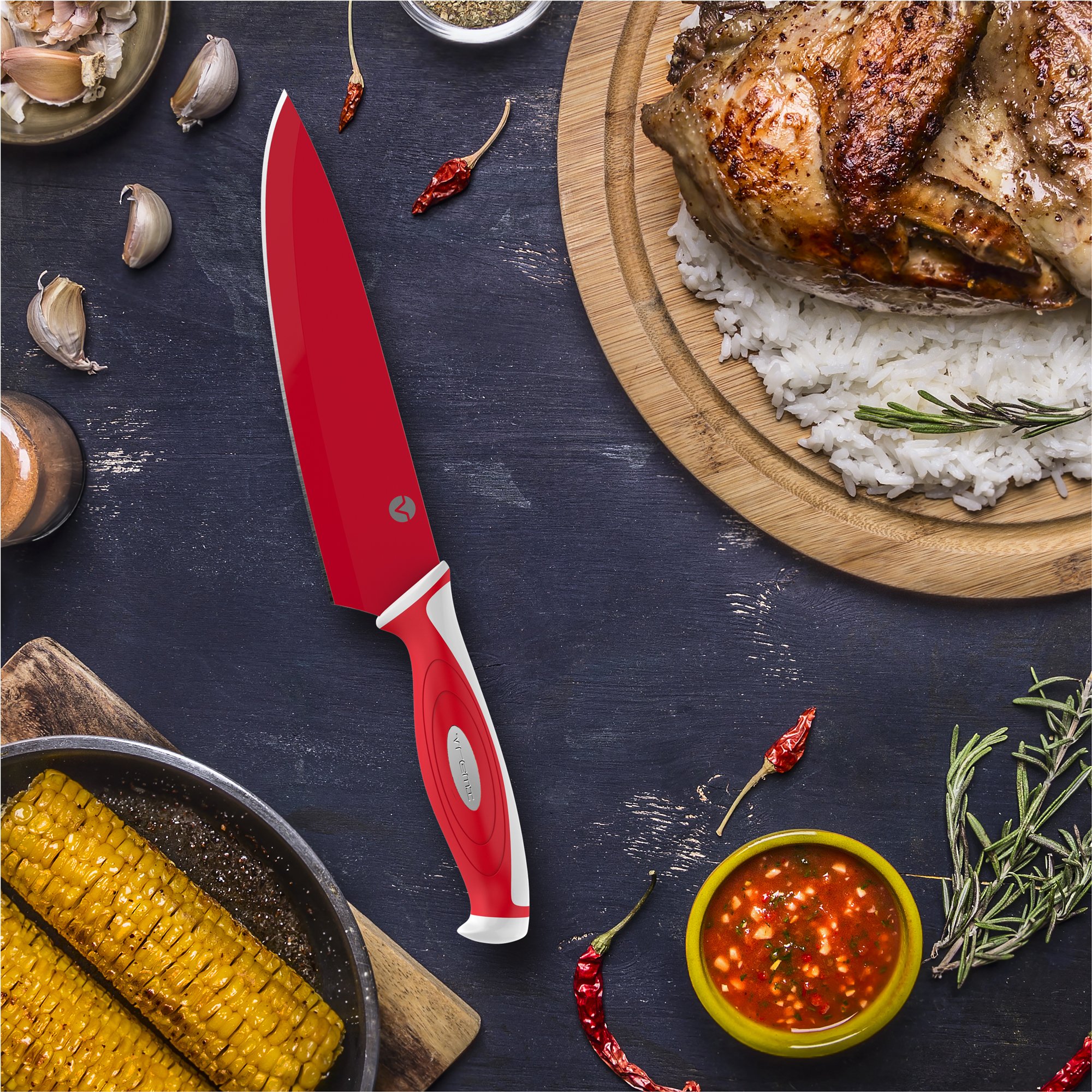 Vremi 10 Piece Colorful Knife Set - 5 Kitchen Knives with 5 Knife Sheath Covers - Chef Knife Sets with Carving Serrated Utility Chef\'s and Paring Knives - Colored Knife Set with Matching Color Case