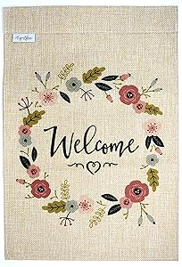 Premium Welcome Garden Flag Banner - 12x18 Double Sided Burlap Flag for Decorative use Indoor or Outdoor - Hang in Your Front Lawn, Vegetable Garden or Spring Garden - Fits Garden Flag Pole