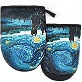 Black Cat Starry Night Oven Mitts, High Heat Resistant Kitchen Oven Gloves, Mini Silicone Oven Mitts, Non-Slip Grip Surfaces and Hanging Loop for Grilling, Baking, Cooking and Microwave, Gift