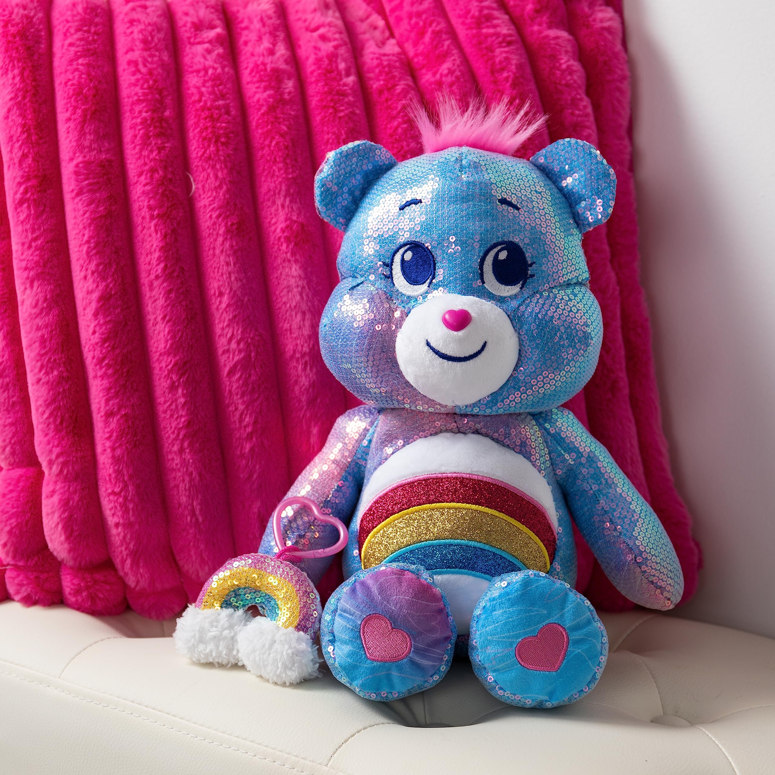 Care Bears Sequin Plush, Cheer Bear Plushie for Ages 4+ Perfect Stuffed Animal, Super Soft and Cuddly – Good for Girls and Boys, Employees, Collectors, Great Valentines Day Gift for Kids