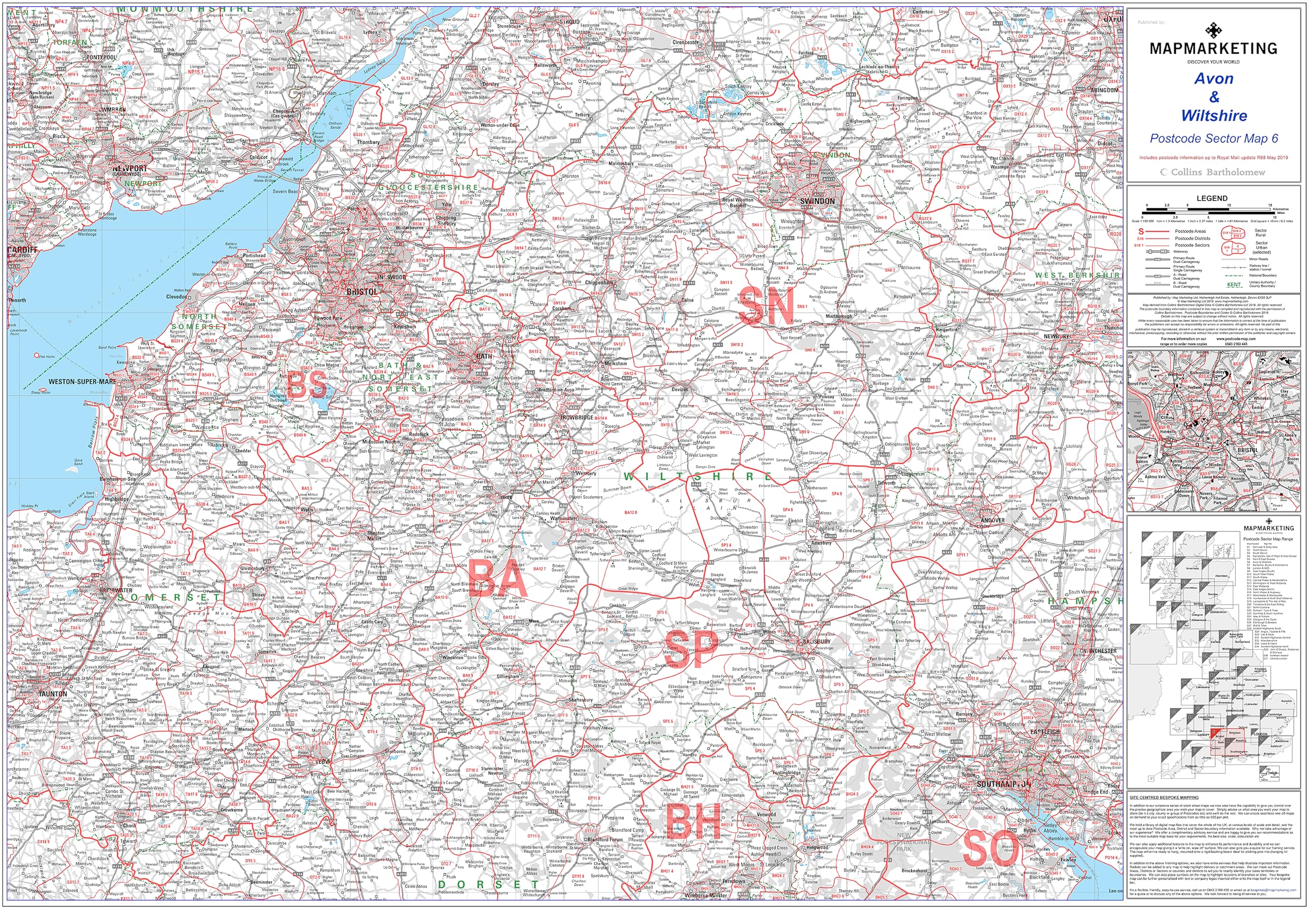 Avon And Wiltshire Postcode Sector Wall Map- Postcode Sector Map 6 - Laminated Wall Map With Motorway, A' Roads, B' Roads, City Plans, Area, District, Sectors