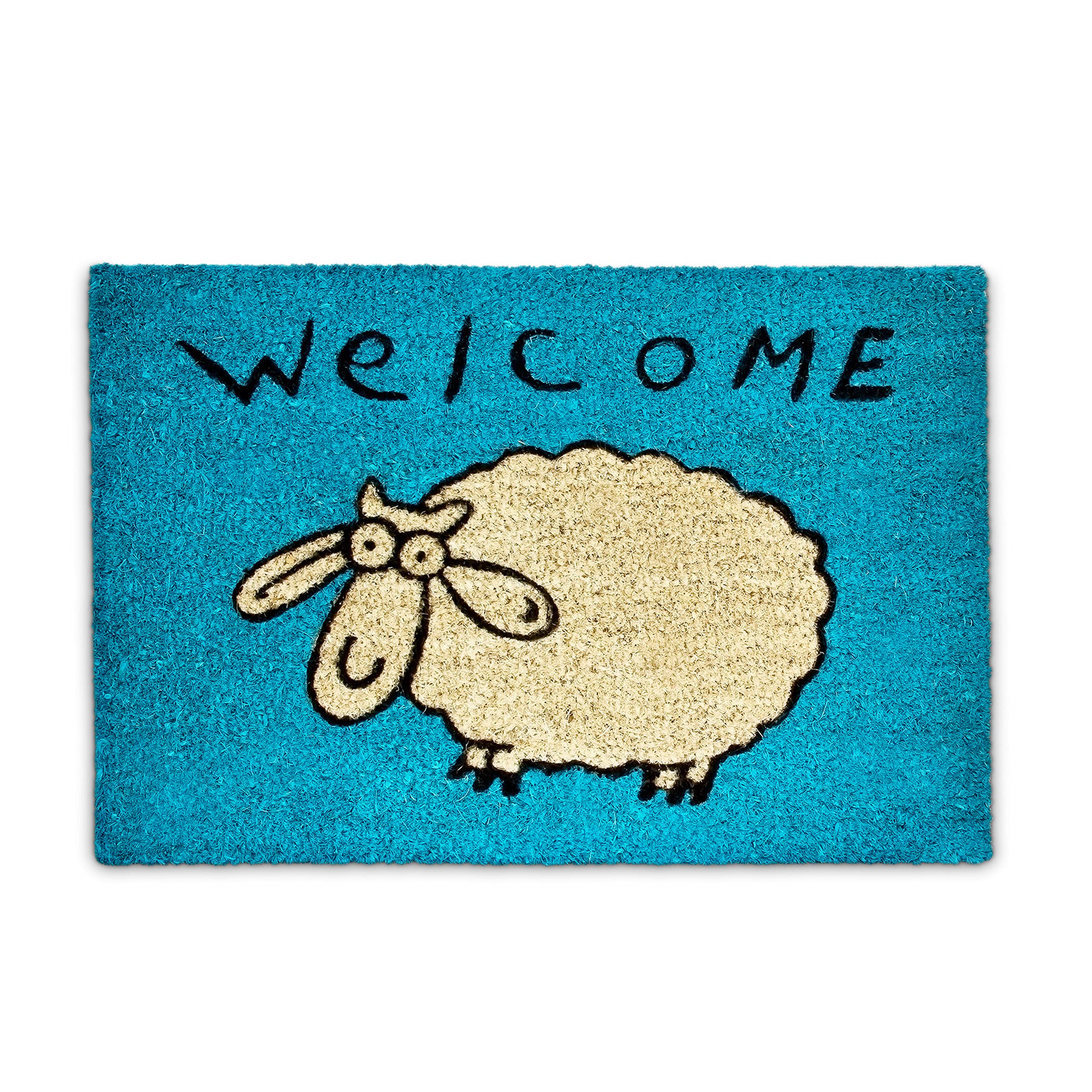 Relaxdays Coconut Fibre SHEEP Doormat 40 x 60 cm Coir Welcome Mat with No-Slip Rubber PVC Underside, Blue