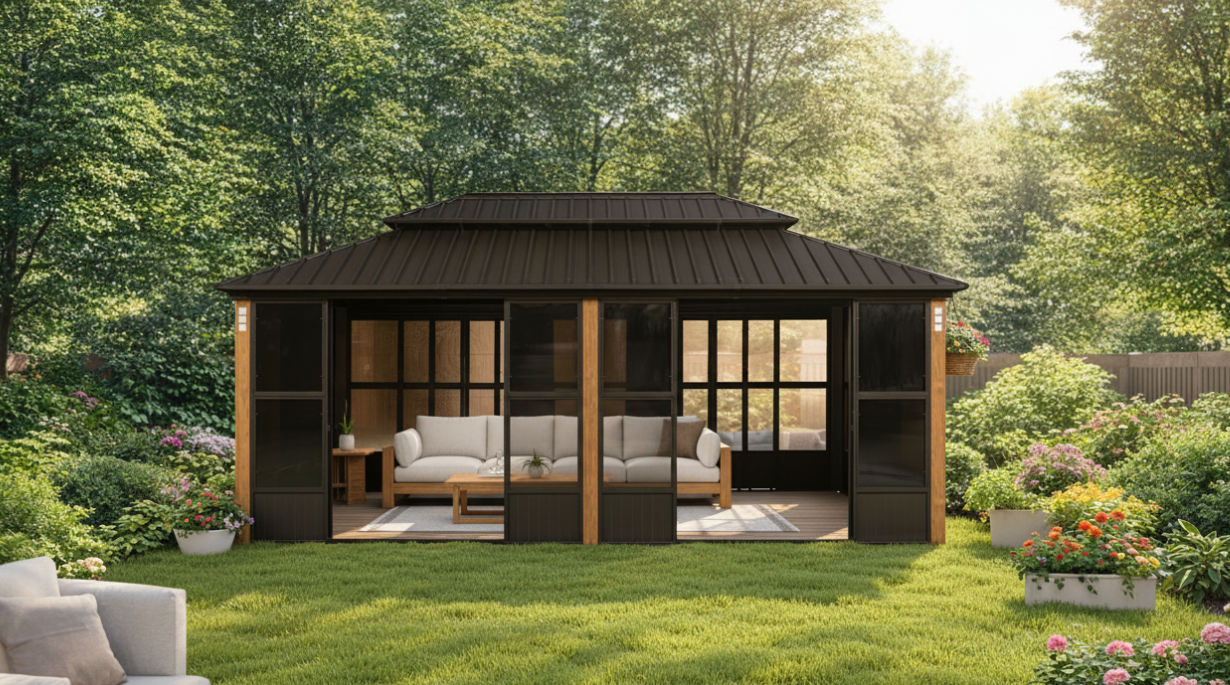 PURPLE LEAF 12x16 Solarium Hardtop Gazebo with Double Roof & 3-Mode Windows, Bronze Frame image 21