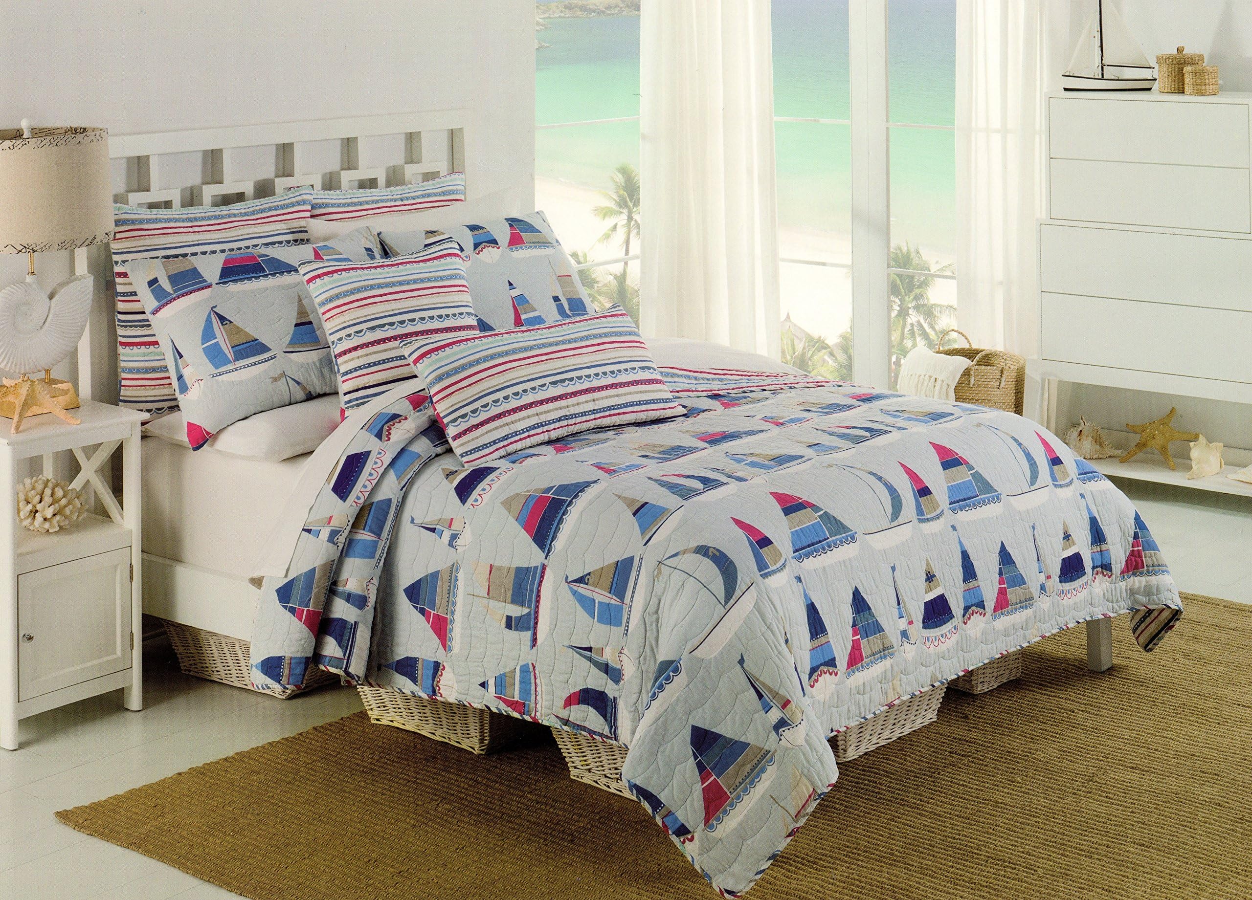 Costal Collection Cotton 3pc Full / Queen Quilt Set Reversible Nautical Sailboat Ship Sea Creatures Boys Bedding Quilted Bedspread