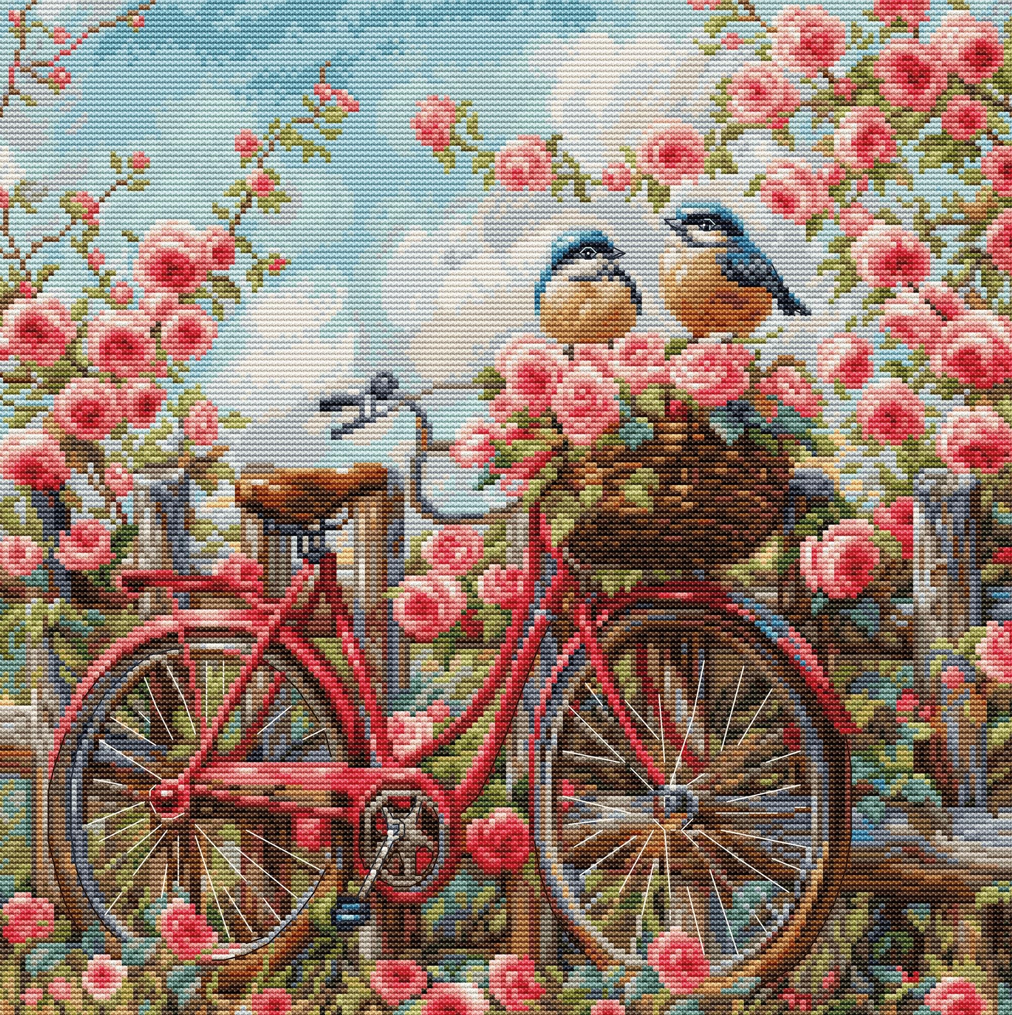 Luca-S Cross Stitch Kit Gold - Bicycle with Roses, BU5061, Counted Cross Stitch Kit for Adults, Needlecraft and Embroidery Kit