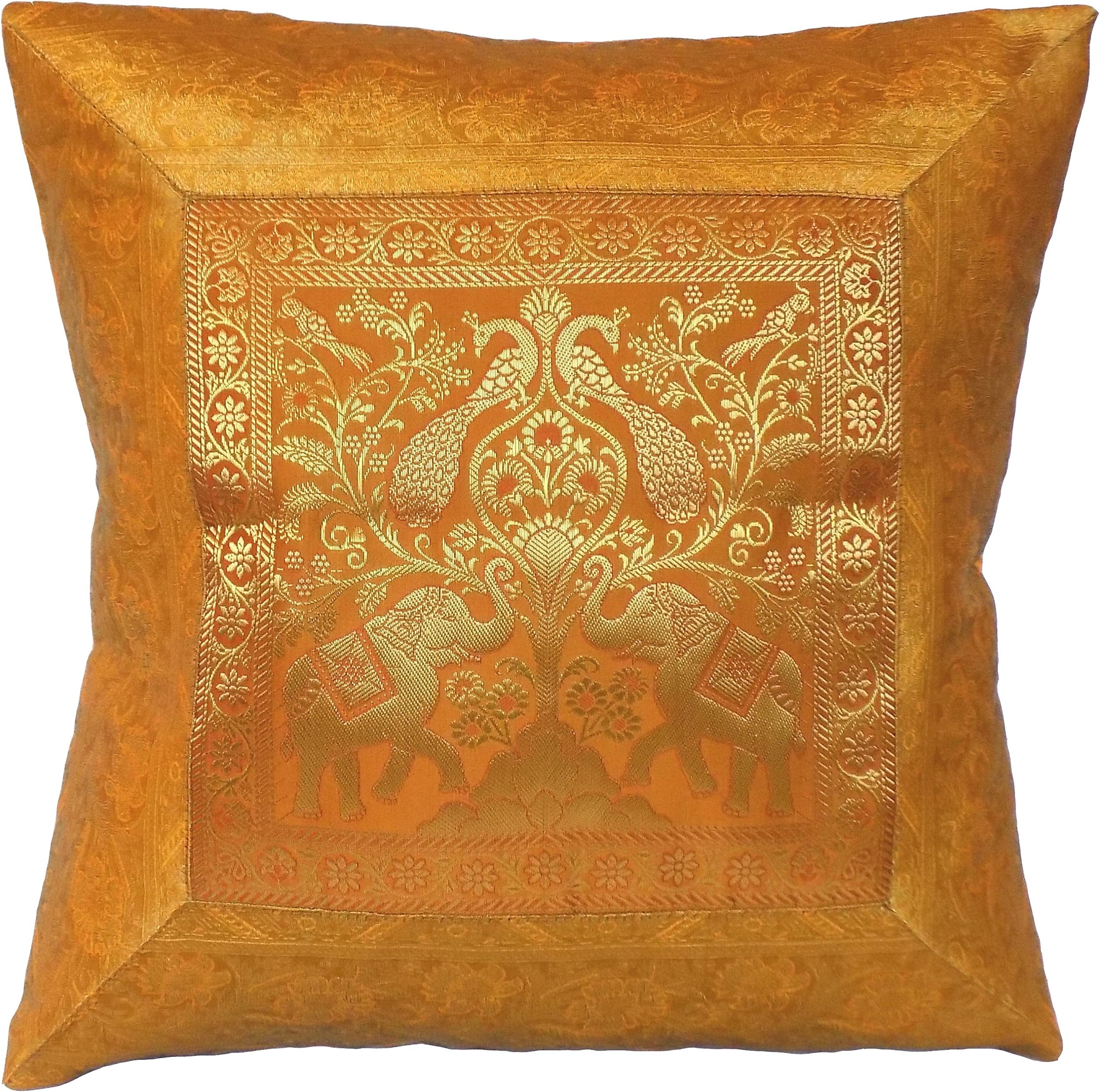 Gold Brown Elephant Peacock Cushion Cover 17x17" 43x43cm Flowers Leaves Golden Brocade Art Silk Cotton Polyster to fit 18"x18" Insert Tapestry Geometric Decorative Square Scatter Pillow Case with Zip