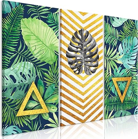 Decomonkey Bilder Blatter Muster 90x60 Cm 3 Teilig Leinwandbilder Bild Auf Leinwand Vlies Wandbild Kunstdruck Wanddeko Wand Wohnzimmer Wanddekoration Deko Blumen Blatt Modern Exotik Gold Grun Amazon De Kuche Haushalt