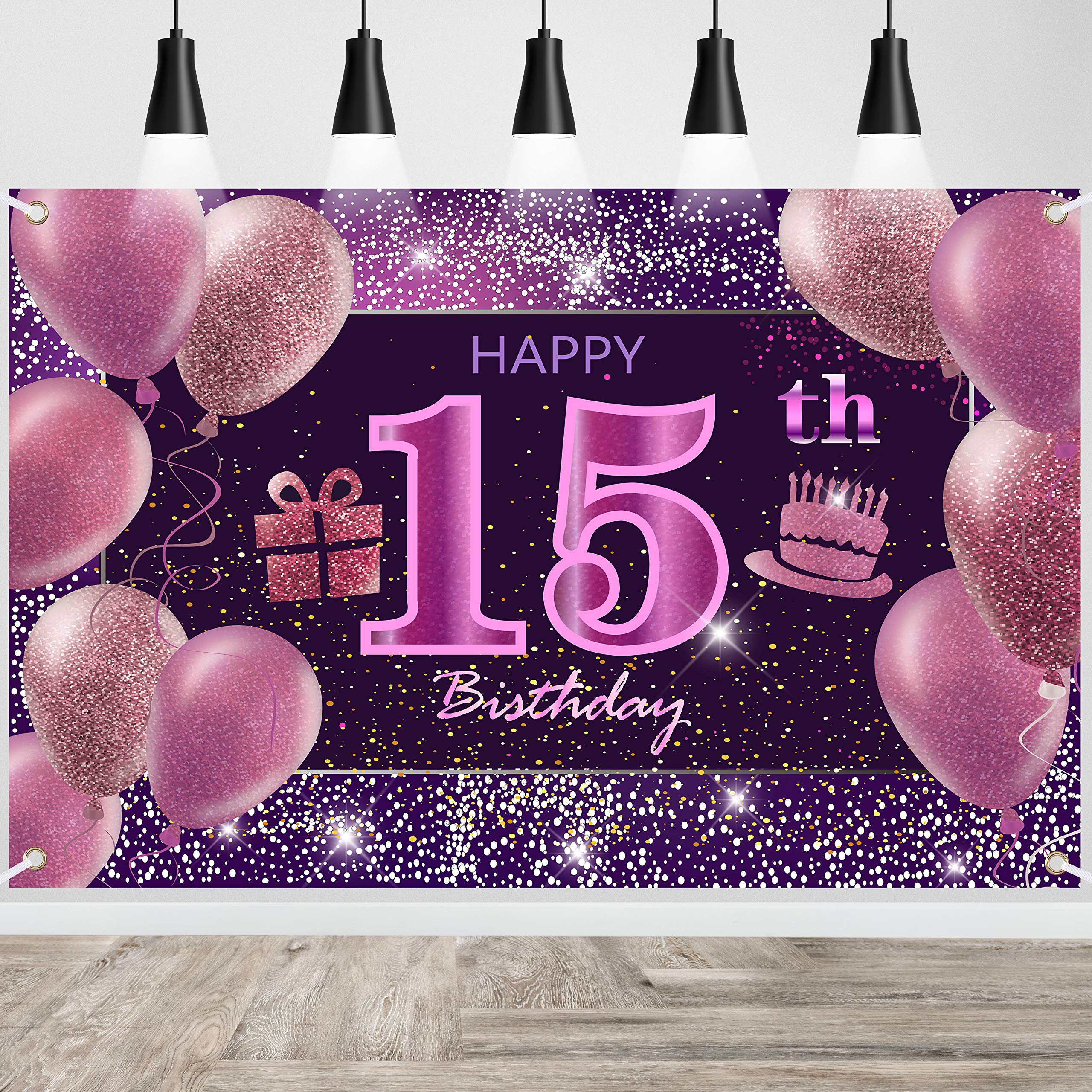 IMISI 15th Birthday Decorations - Happy Birthday Banner, Pink Backdrop for Party