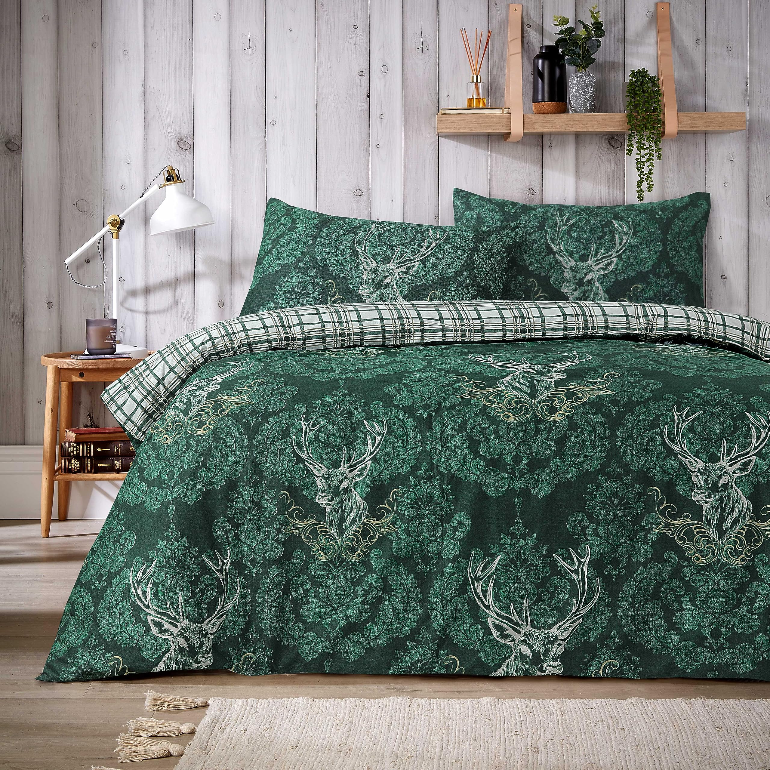 Olivia Rocco Stag Duvet Cover Set Cosy Highland Cotton Rich Quilt Covers Reversible Check Premium Bedding Bed Linen Sets, Single Emerald Green
