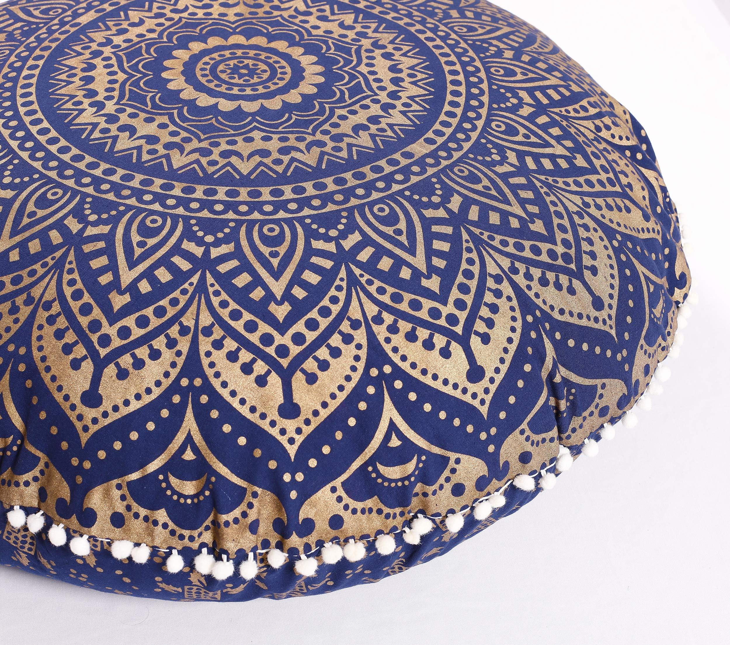 Popular Handicrafts Mandala Round Hippie Floor Pillow Cover | 100% Cotton Luxury, Artisan Room Décor for Your Living Room, Bedroom | Screen Printed Design 32", Blue Gold