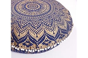Popular Handicrafts Mandala Round Hippie Floor Pillow Cover | 100% Cotton Luxury, Artisan Room Décor for Your Living Room, Bedroom | Screen Printed Design 32", Blue Gold