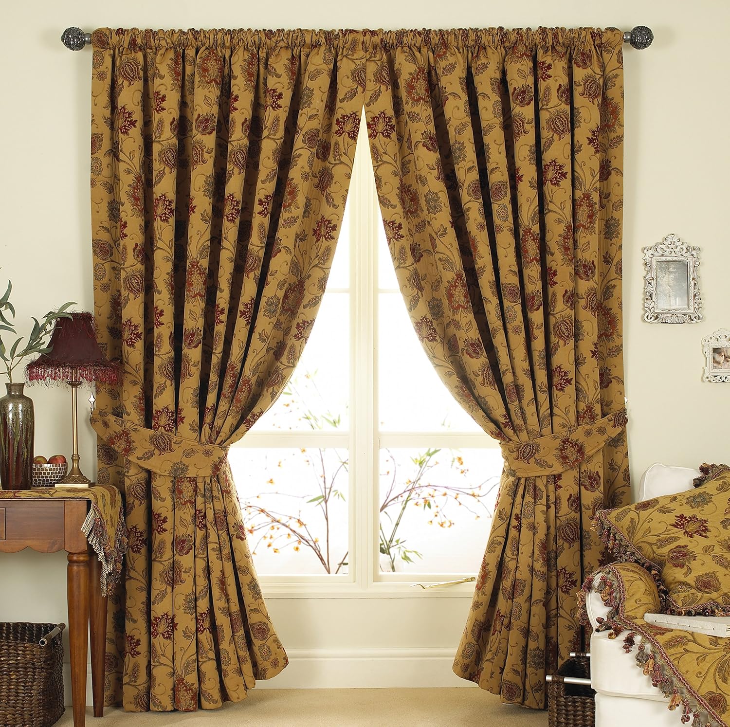 Zurich Pencil Pleat Curtains (Pair) Gold Yellow Floral Jacquard