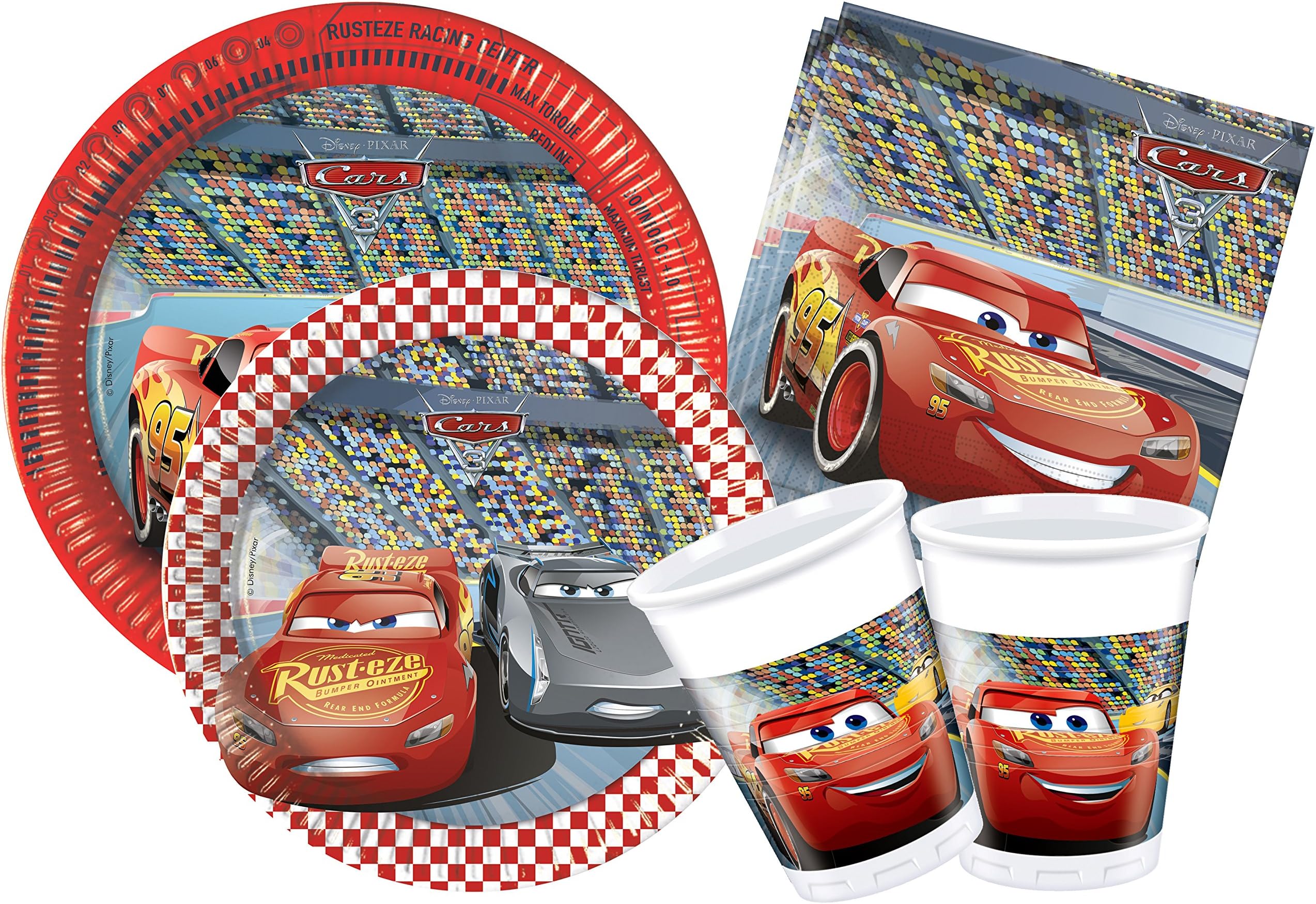 Party Tableware Set Disney Cars 3 for 24 people (112 pcs: 24 paper plates Ø23cm, 24 paper plates Ø20cm, 24 cups 200ml, 40 paper napkins 33x33cm)
