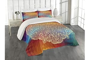 Ambesonne Abstract Coverlet, Highly Detailed Floral Oriental Pattern on Geometric Colorful Background Artwork, 3 Piece Decorative Quilted Bedspread Set with 2 Pillow Shams, Queen Size, Orange Yellow