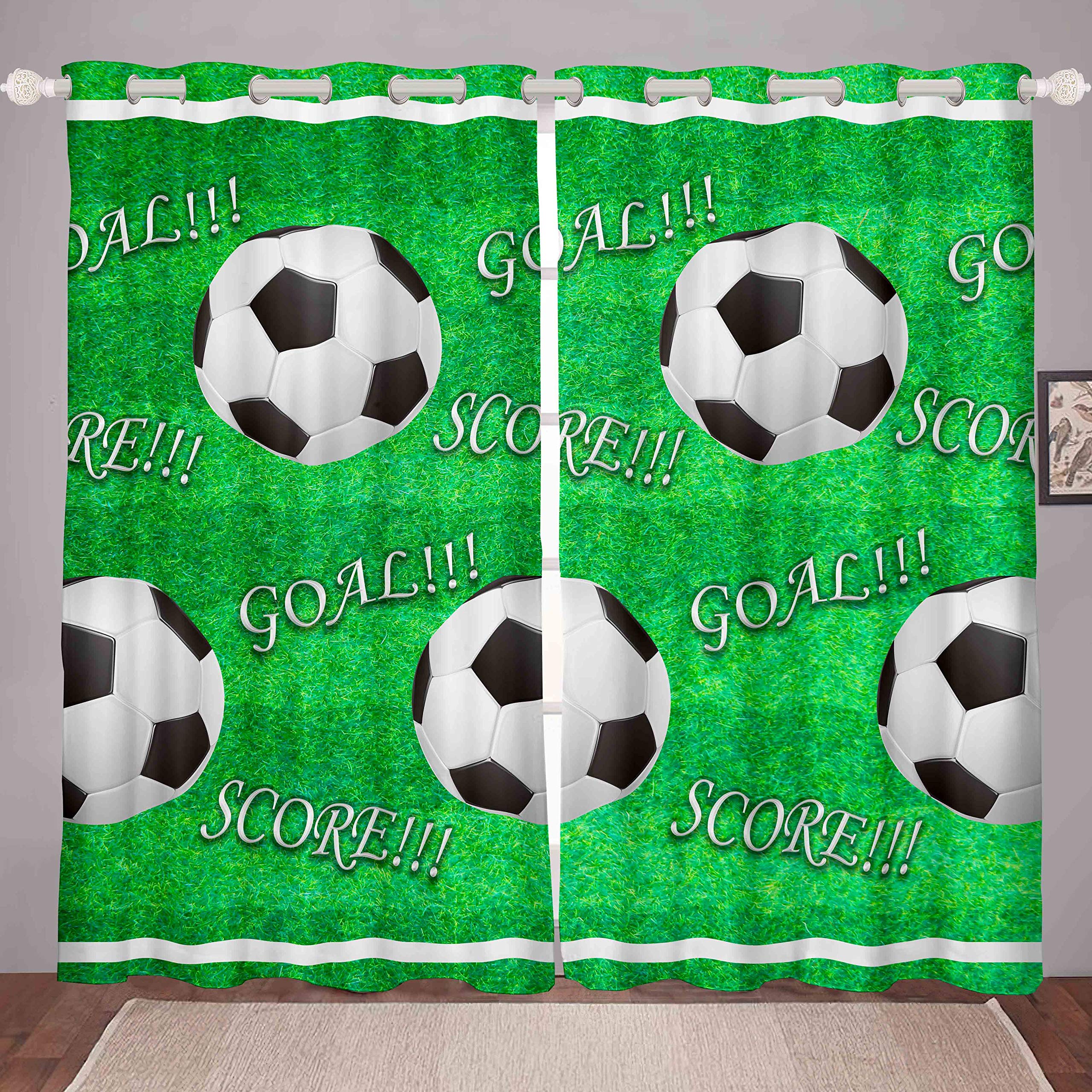 Loussiesd Football Blackout Curtains Kids Boys Teens Sports Theme Window Curtain Soccer Ball Pattern Curtains for Bedroom Football Field Darkening Thermal Drapes W46*L72,2 Panel Set