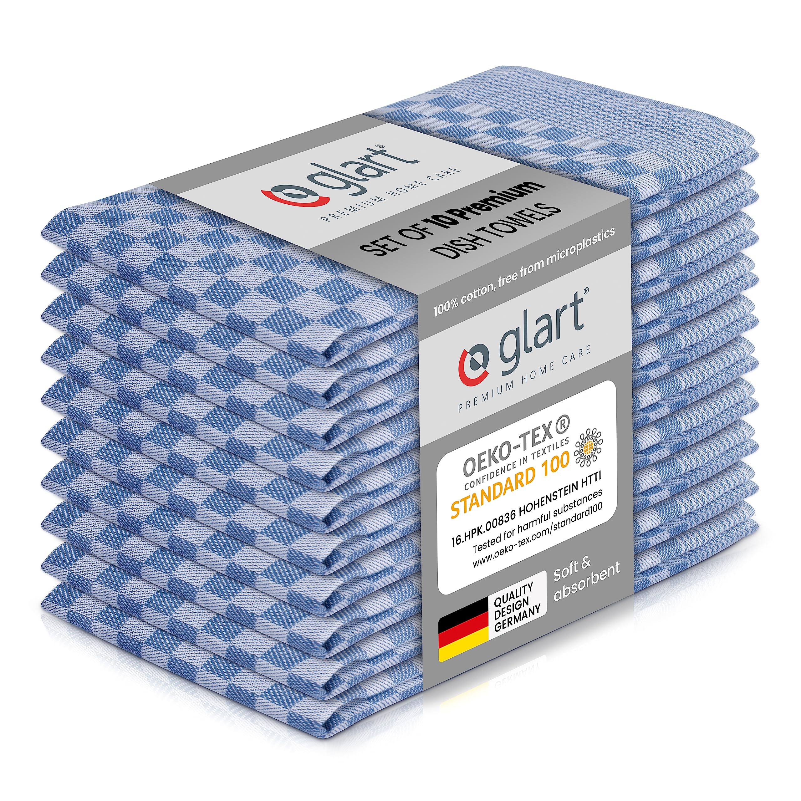 Glart 48SB Set of 10 Kitchen Towels 50x70 cm, 100% Cotton in Blue, OEKO-TEX Standard 100 certified, lint-free, washable, pre-washed for kitchen and dishwashing.
