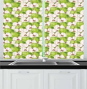 Lunarable Apple Kitchen Curtains, Fresh Green Apples and Slices with Water Drops Vivid Illustration, Window Drapes 2 Panel Set for Kitchen Cafe Decor, 55