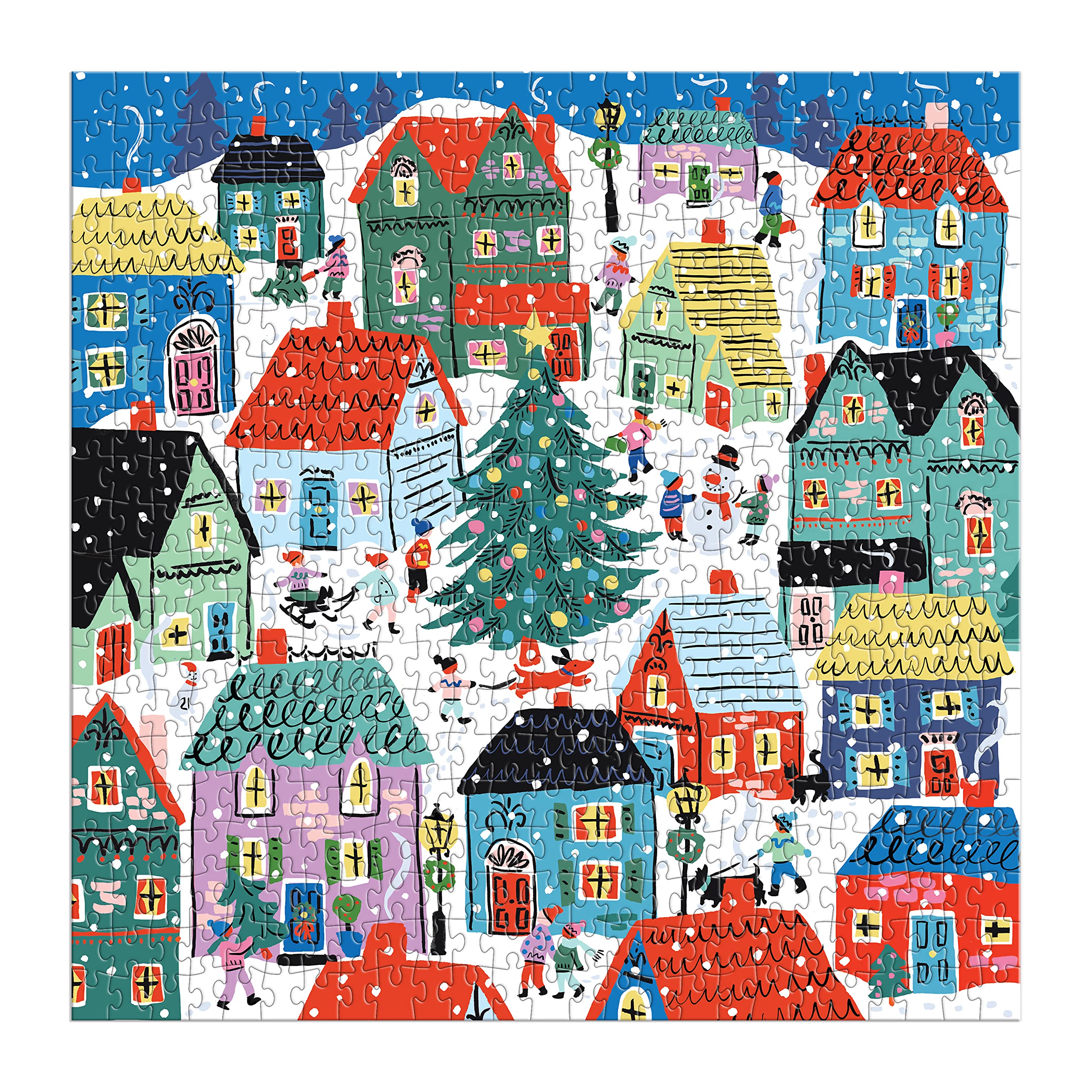 Galison Christmas in The Village – 500 Piece Unique House Shaped Puzzle with Bright and Bold Artwork of Merry Christmas Village Scenery for Adults and Families