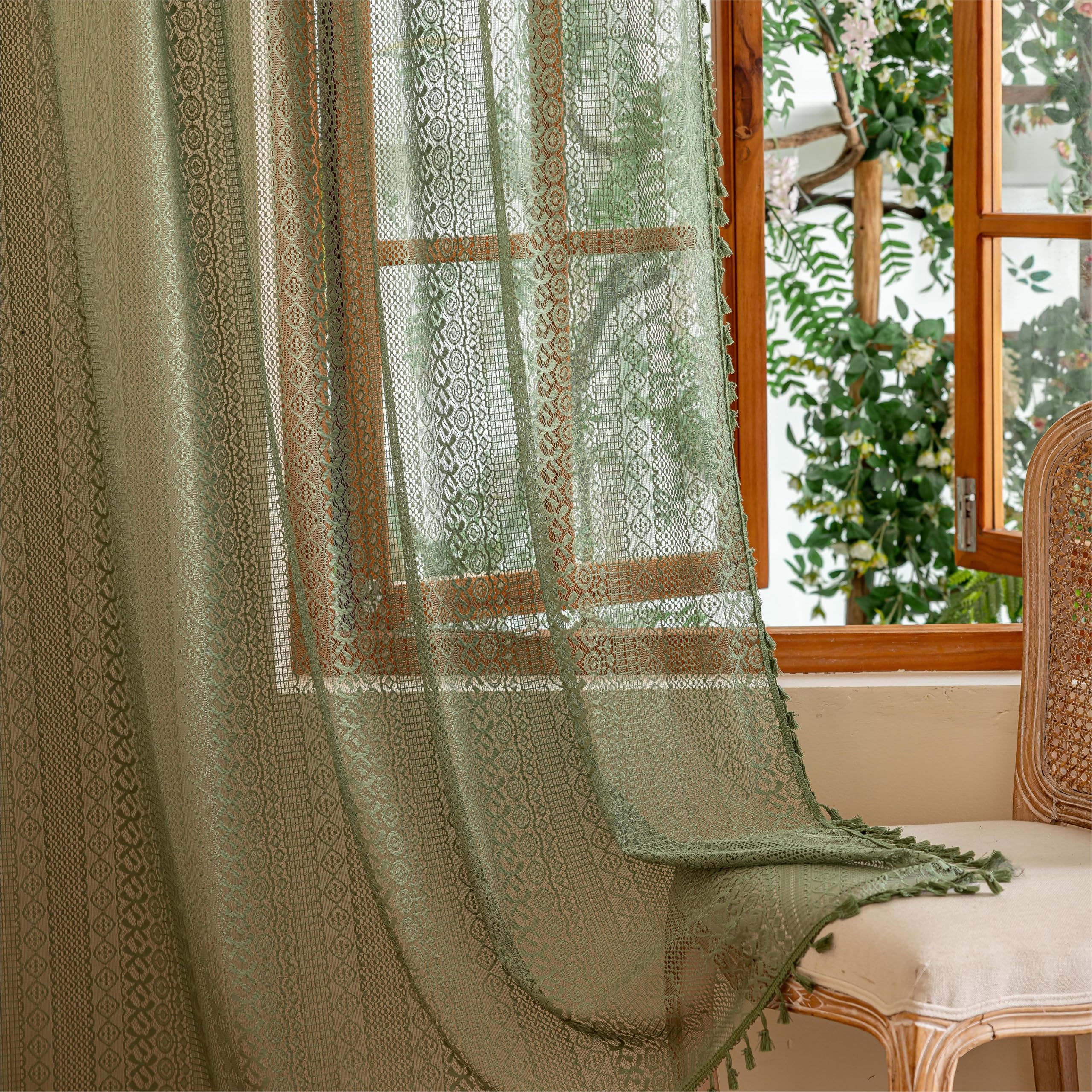 Sutuo Home Olive Green Boho Sheer Curtains 72 Inches Long for Kitchen Bedroom, Lace Curtains Bohemian French Country Privacy Crochet Light Filtering Vintage Tassels Christmas Rod Pocket,2 Panels 50"W