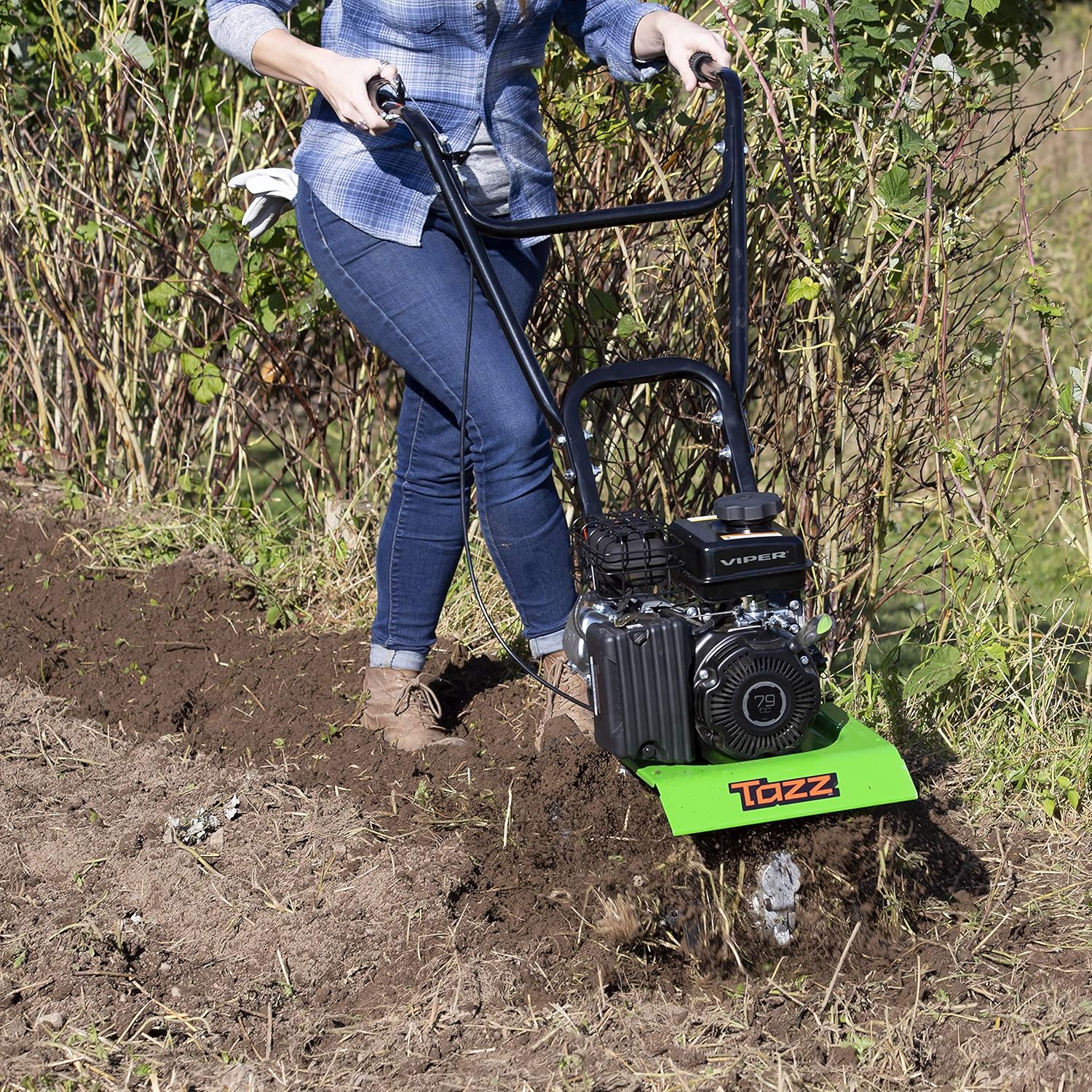 Tazz 35310 2-in-1 Front Tine Tiller/Cultivator, 79cc 4-Cycle Viper Engine, Gear Drive Transmission, Forged Steel Tines, Multiple Tilling Widths of 11”, 16” & 21”, Toolless Removable Side Shields, Green : Garden & Outdoor