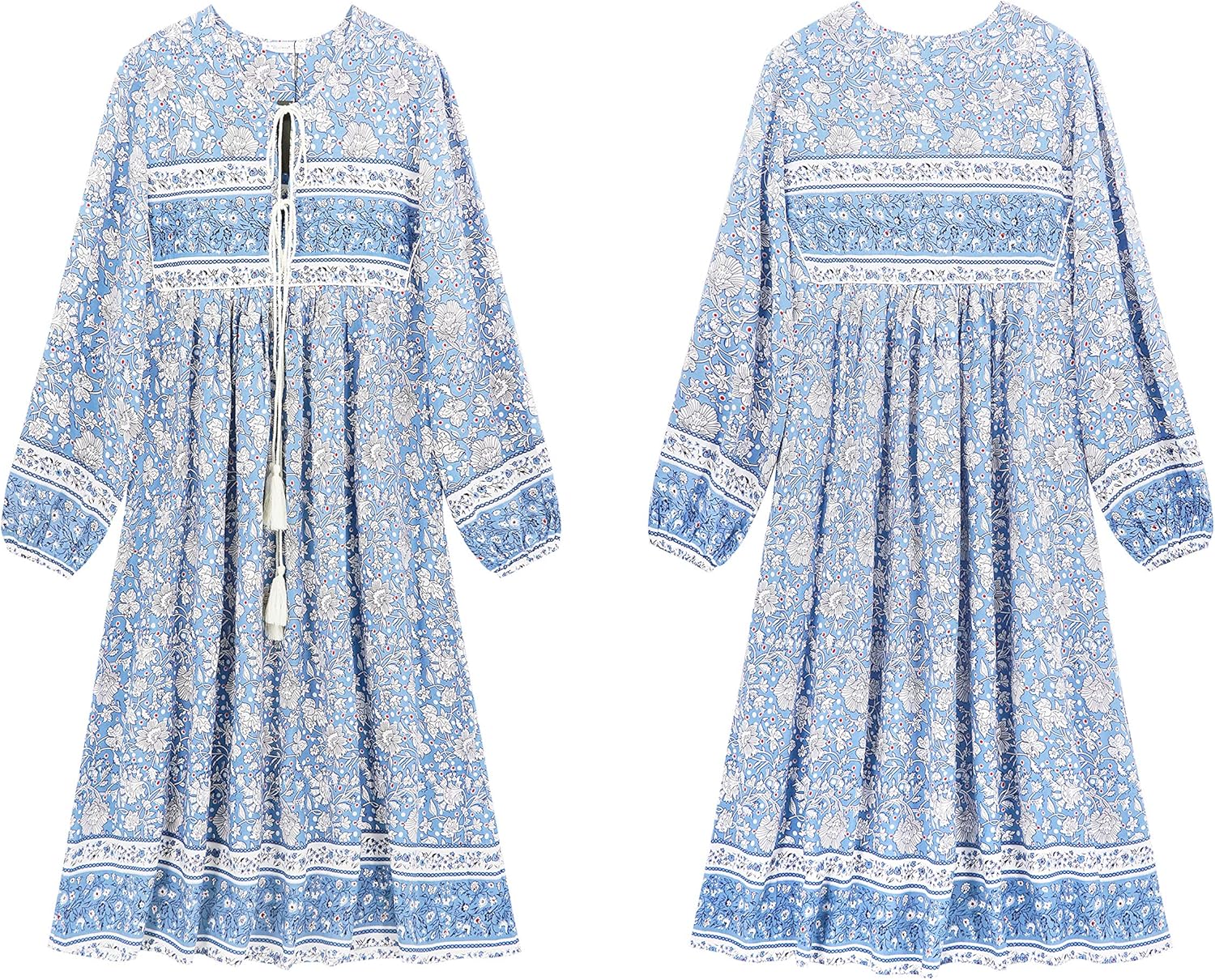 R.Vivimos Women's Long Sleeve Floral Print Retro V Neck Tassel Bohemian Midi Dresses: Clothing